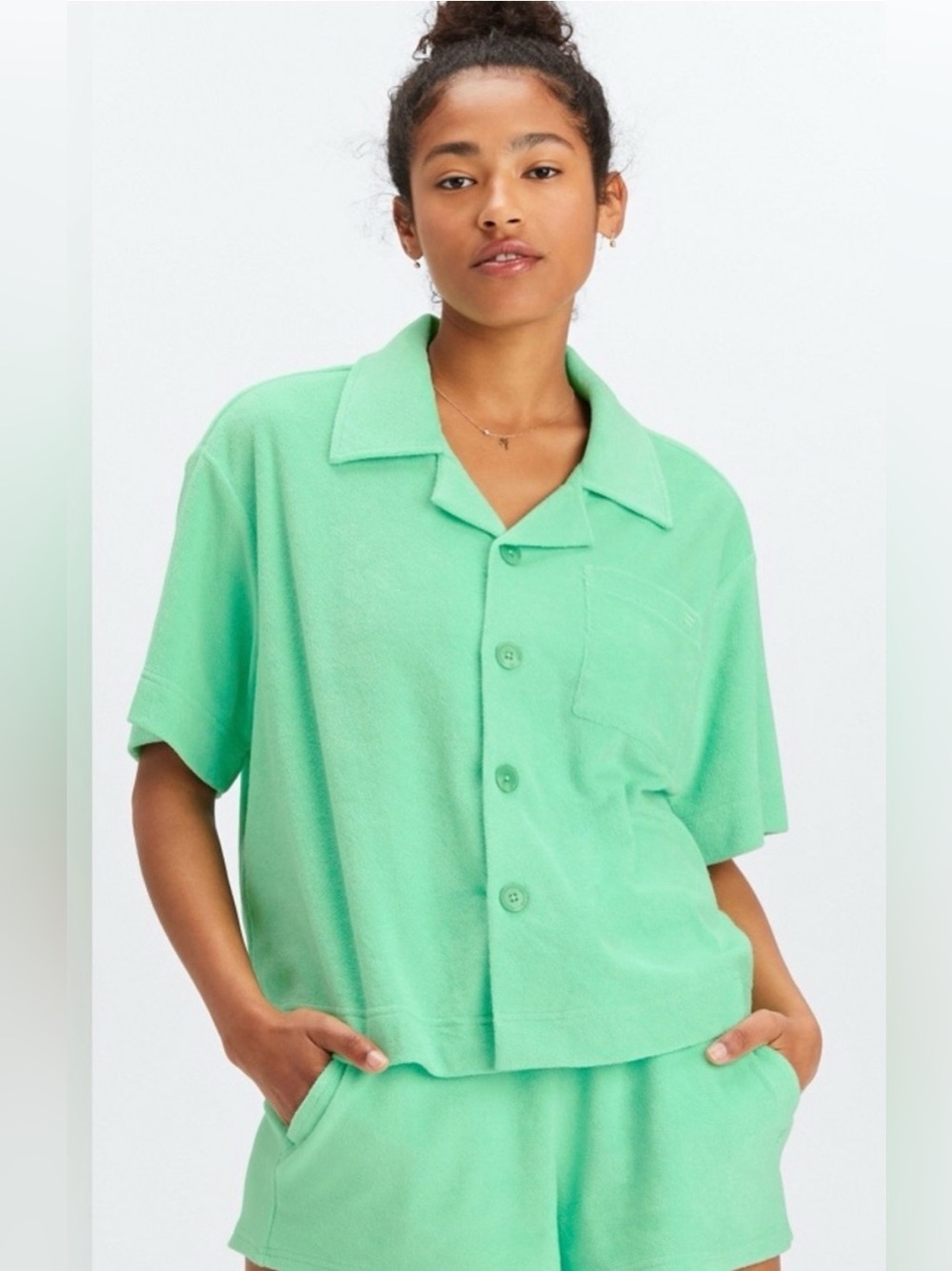 Fabletics Island Terry Boxy Button-Up and Shorts Set Women’s Size XL